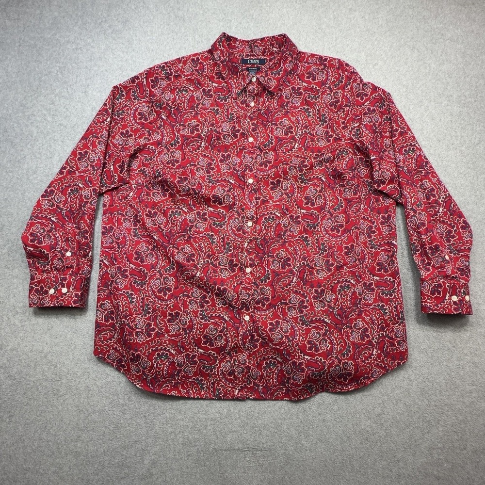 Chaps Shirt Womens 2X Plus Red Paisley Long Sleeve No Iron Button Front Top